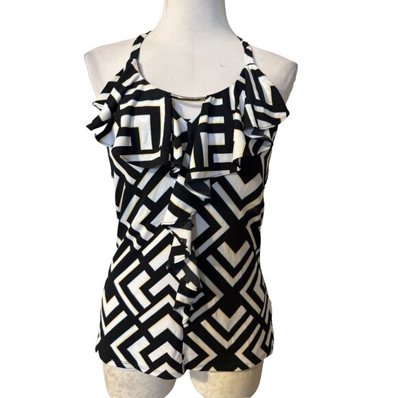 White House Black Market Tops - WHBM Top Medium M Stretch Black Blue Yellow White Ruffle Sleeveless Washable NEW